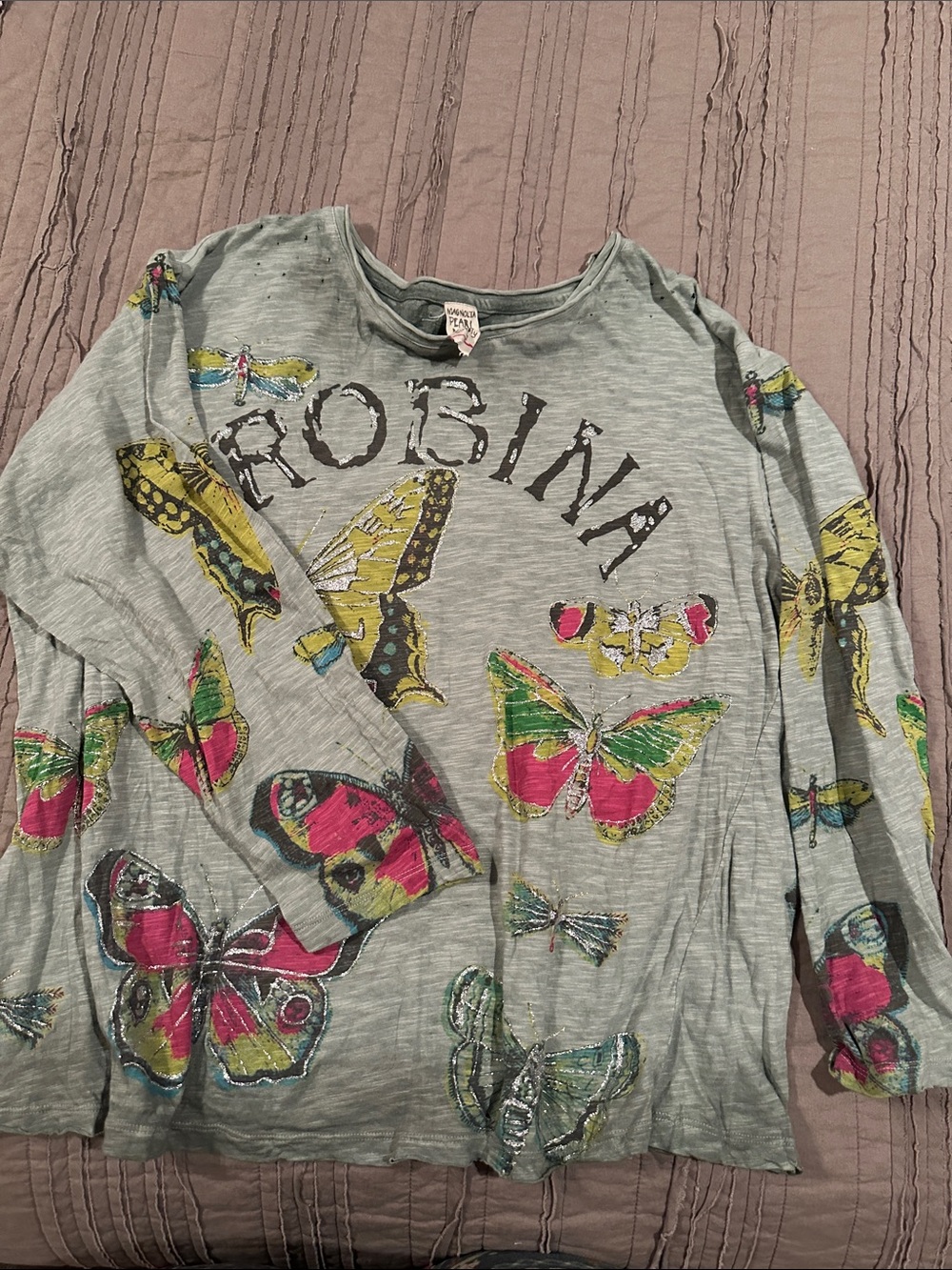 Magnolia Pearl Long Sleeve Butterfly Tee - Light Gray with Pink & Yellow